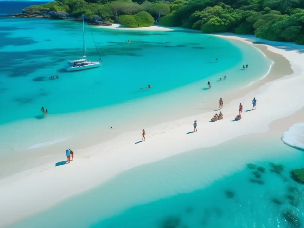 Playa paradisíaca con actividades acuáticas Aventuras marinas para viajeros maduros en playa serena con aguas turquesas y arena blanca