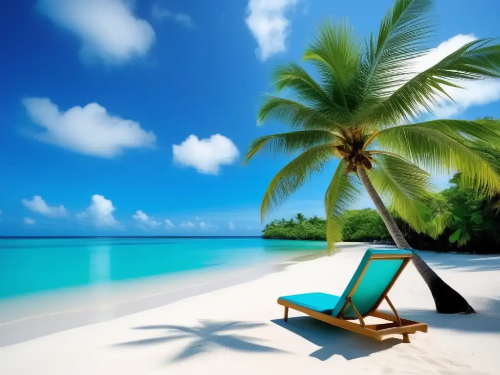 Playa paradisíaca con agua turquesa y palmeras Destinos naturales tranquilos para viajeros maduros - Playa serena con aguas turquesas y arena blanca, palmeras y silla de playa