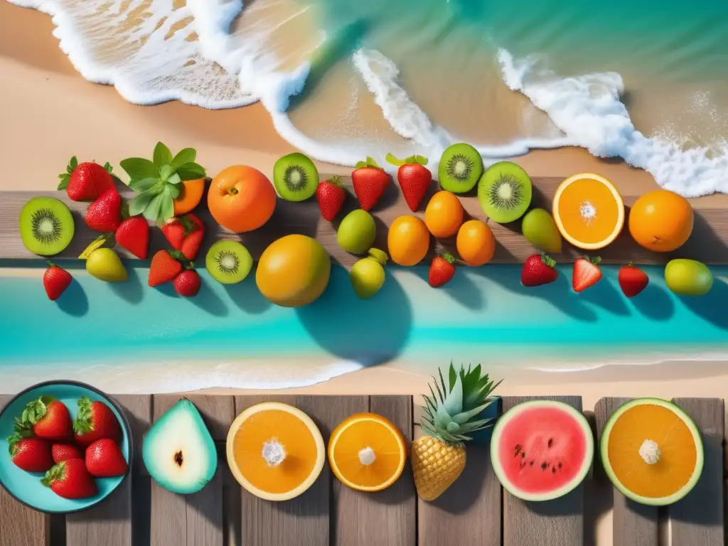 Playa paradisíaca y alimentos saludables Consejos para controlar colesterol viajes: Imagen asombrosa de playa arenosa con agua turquesa, frutas y verduras frescas en una mesa de madera