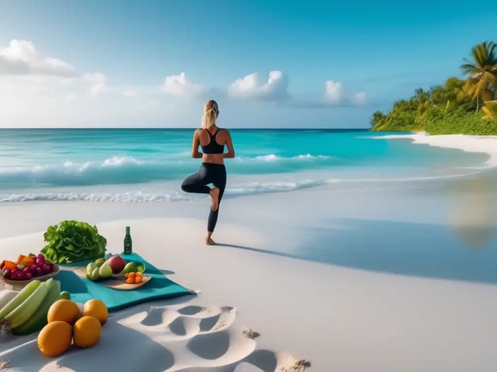 Viajero disfrutando de playa paradisíaca Un viajero en una playa paradisíaca practicando yoga, meditando y disfrutando de una comida saludable