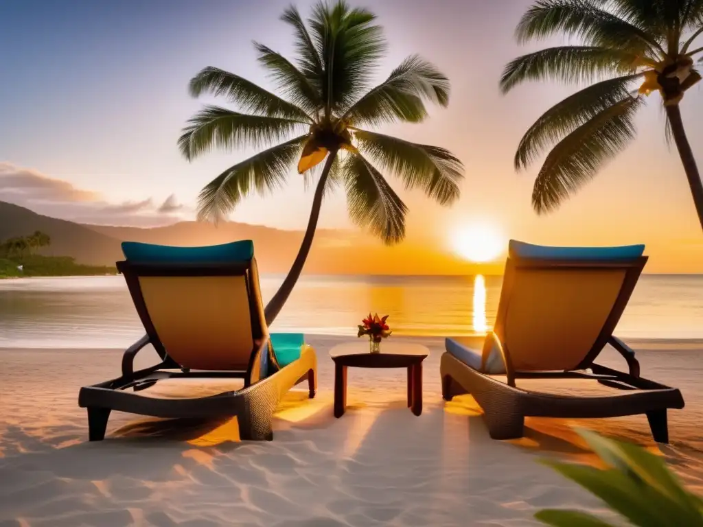 Tranquilidad y lujo en playa al atardecer Playa serena al atardecer, con sillas de descanso y palmeras, ideal para viajes de presupuesto para seniors