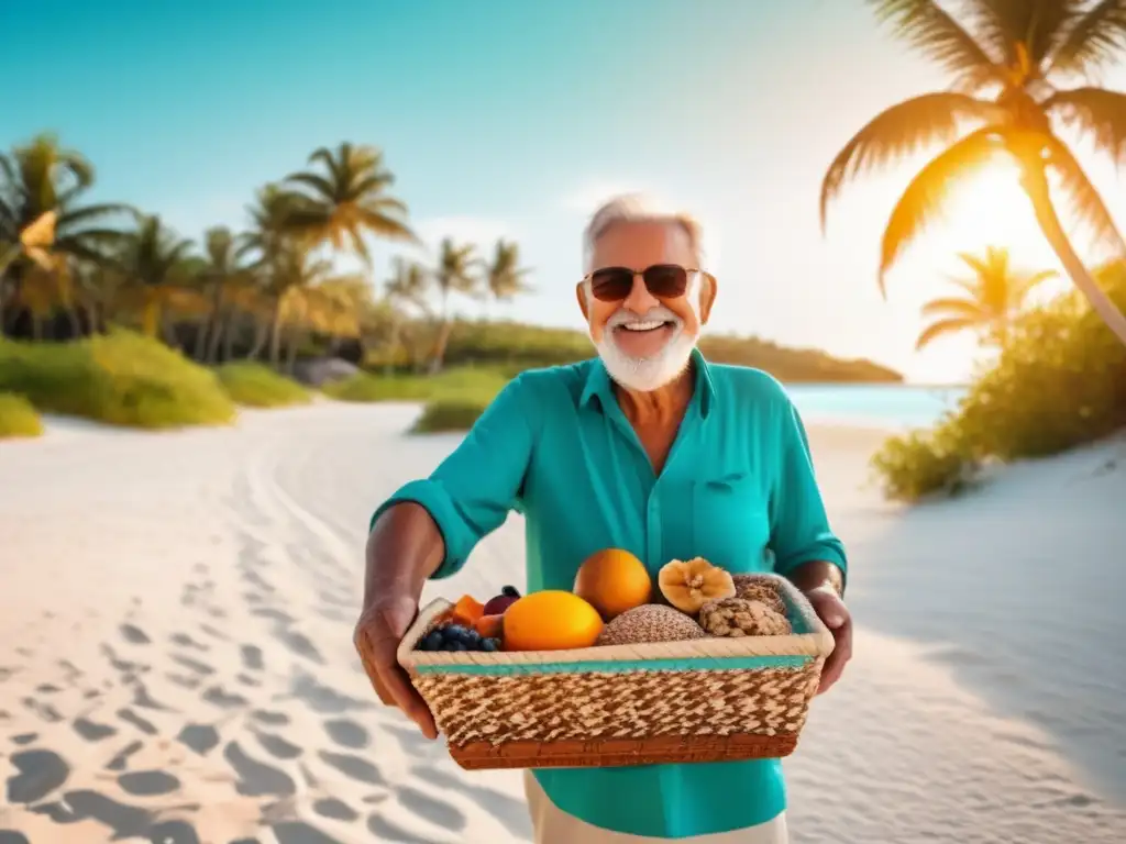 Viaje saludable en la playa para adultos mayores Alimentos saludables para viajeros senior en una playa pintoresca con aguas turquesas y un viajero mayor con una cesta llena de snacks saludables