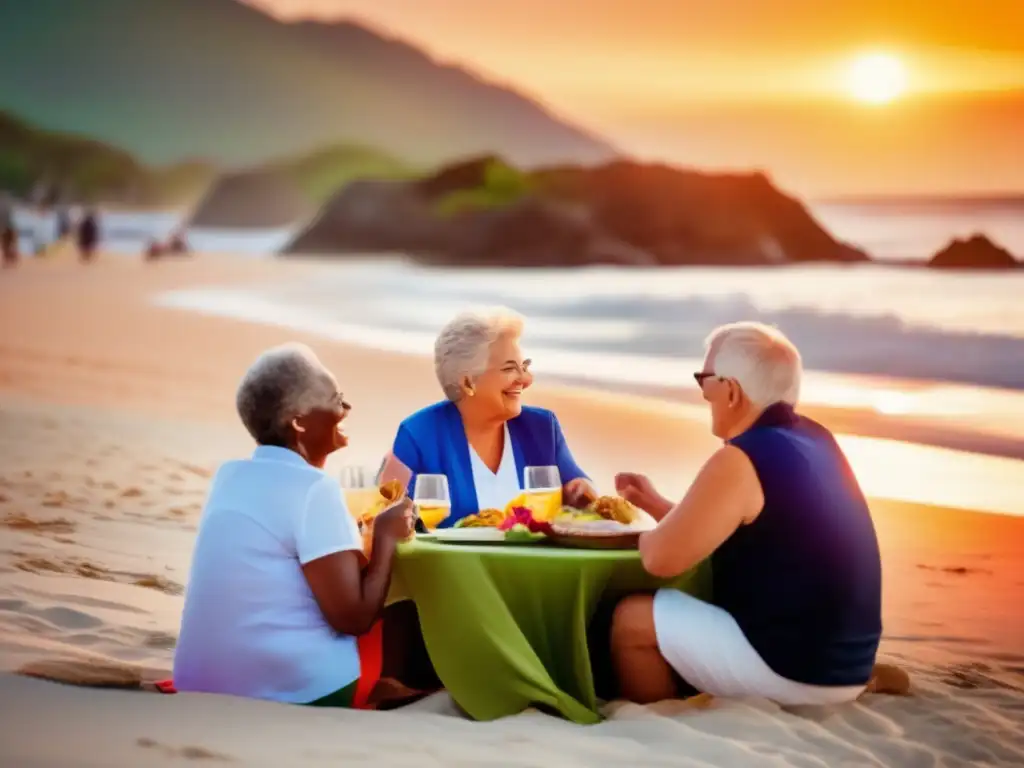 Grupo de seniors disfrutando la playa Estrategias económicas para viajeros seniors en la playa