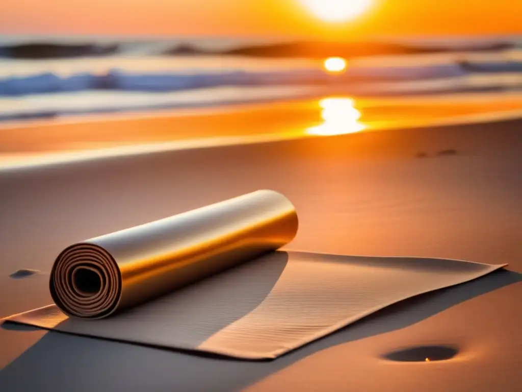 Playa serena al amanecer con yoga mat Un viaje de yoga para mayores en destinos tranquilos y seguros