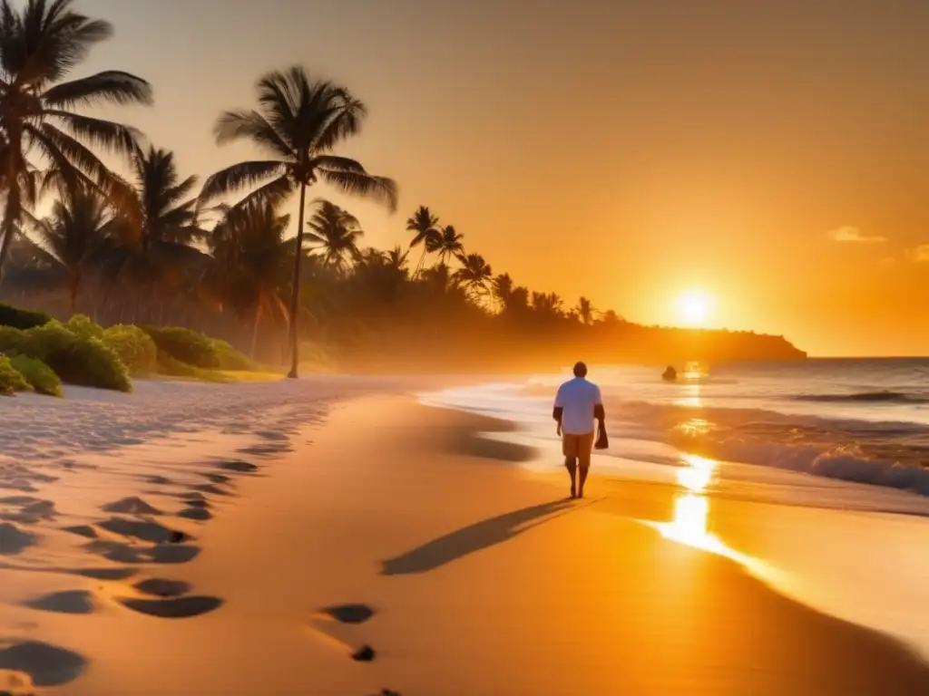 Playa serena al atardecer, viaje solitario Viaje seguro: playa al atardecer con viajero senior