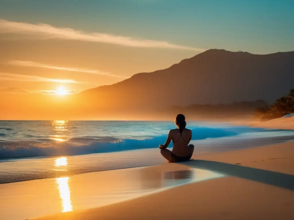 Playa serena al atardecer, calma y relajación Serenidad y relajación en la playa al atardecer: Beneficios de la respiración profunda en viajes