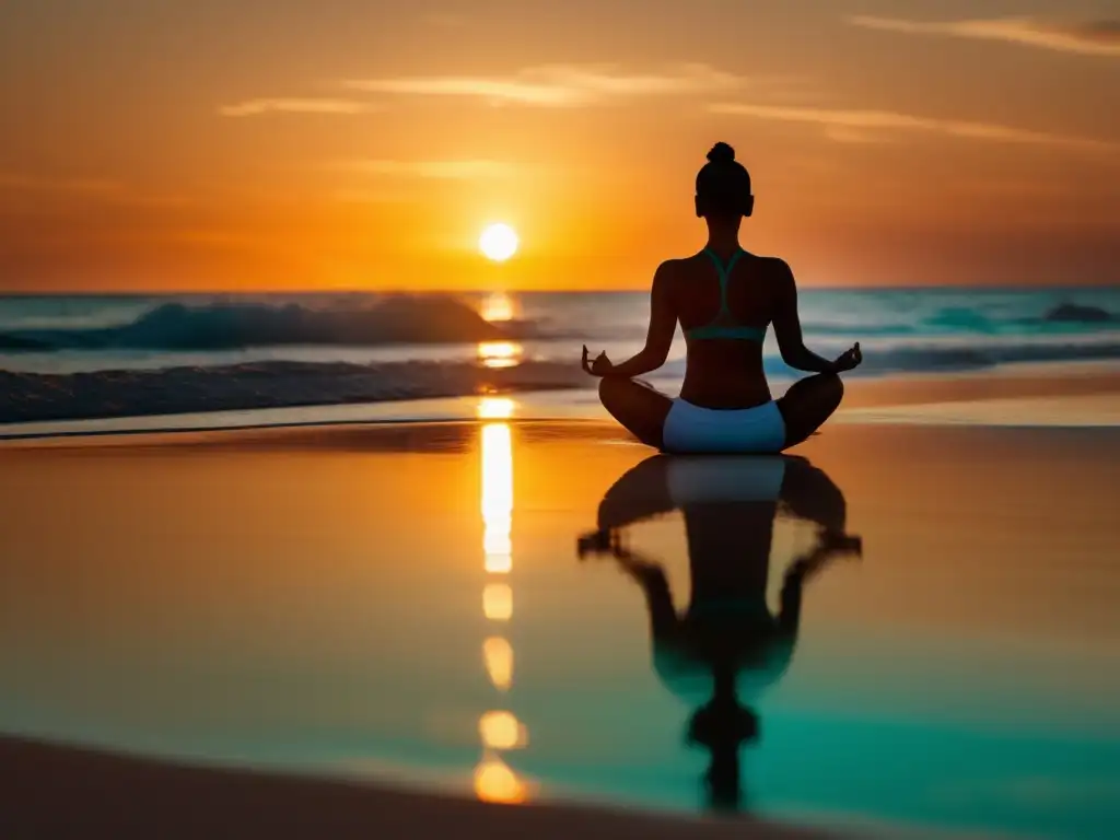 Playa al atardecer: tranquilidad y equilibrio Playa al atardecer con agua turquesa y yoga para viajeros mayores