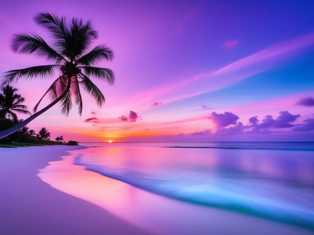 Sereno atardecer en la playa Playa serena al atardecer, agua turquesa, palmeras y consejos para viajar con optimismo