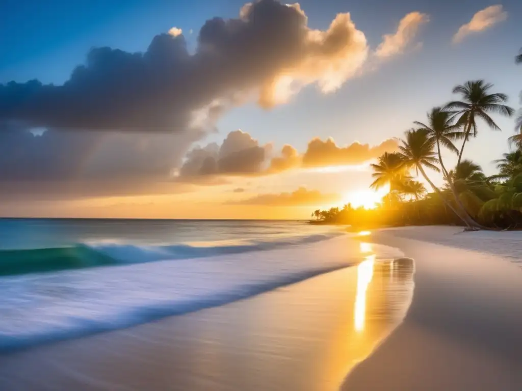 Playa paradisíaca al atardecer Playa serena al atardecer, con rayos dorados reflejándose en aguas azules