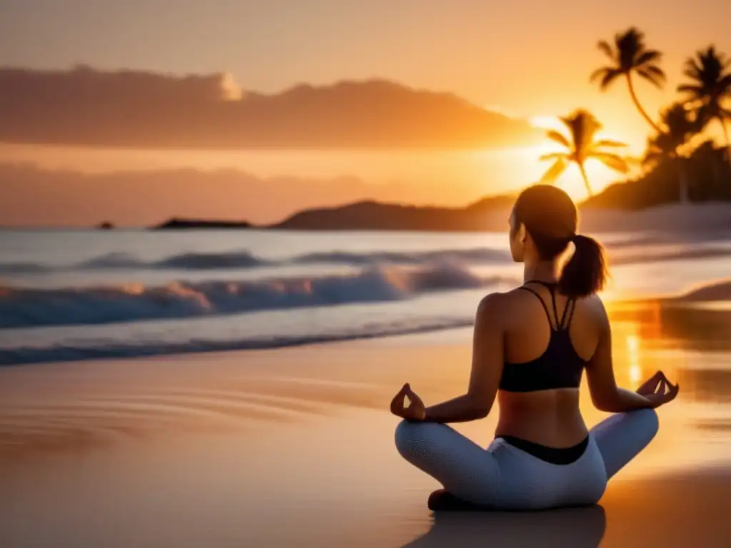 Playa serena al atardecer con práctica de yoga Ejercicios de relajación para viajeros senior en una playa tranquila al atardecer, con palmeras y una persona practicando yoga