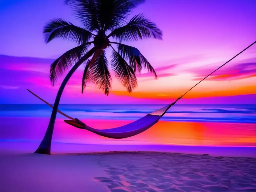 Playa paradisíaca al atardecer Playa tranquila al atardecer con palmeras y hamaca - Consejos sueño viajeros senior zonas horarias