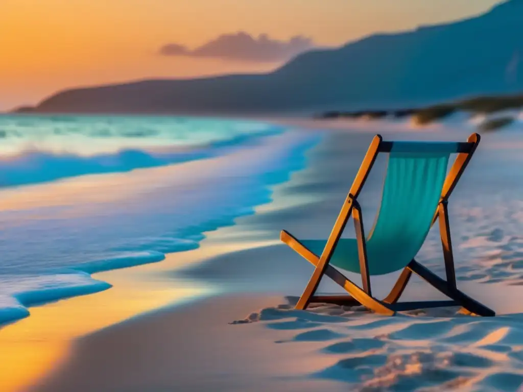 Hermosa imagen 8k de una playa tranquila al atardecer, con luz dorada y agua turquesa