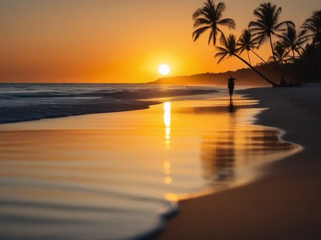 Playa serena al atardecer, invitando a la tranquilidad Experiencias de viajar solo en la Madurez - Playa serena al atardecer con sol dorado, aguas tranquilas y paisaje relajante