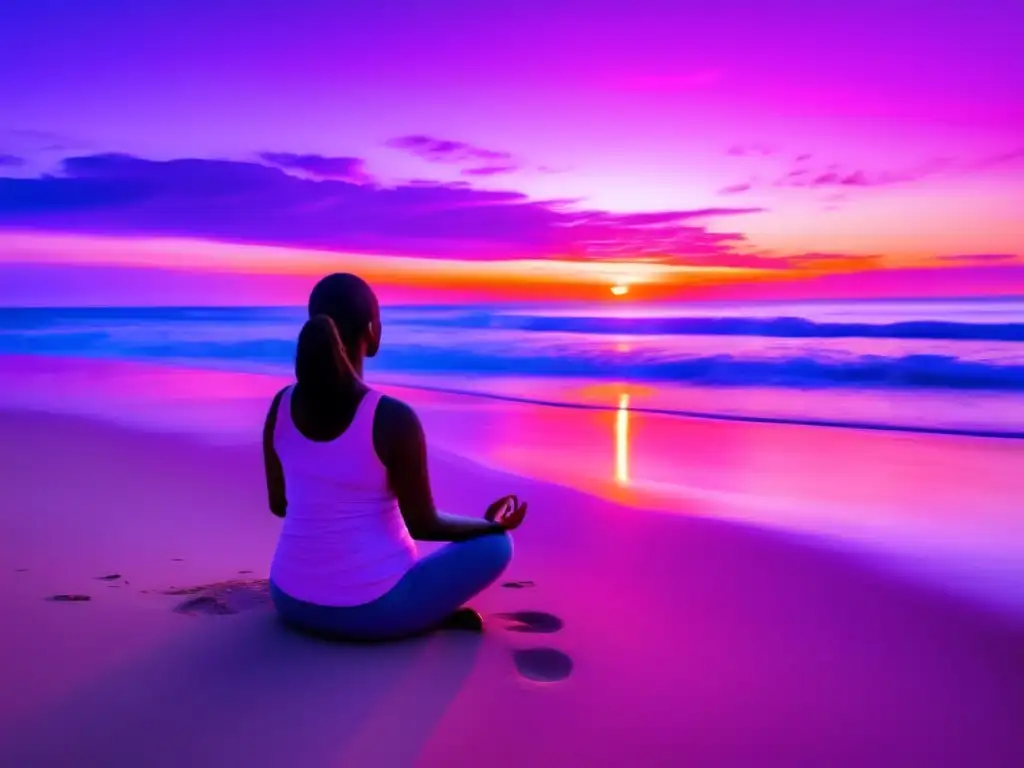 Serenidad en la playa al atardecer Importancia de actitud positiva en viajes: Sereno atardecer en una playa, el cielo se tiñe de tonos rosados, naranjas y morados, iluminando el paisaje