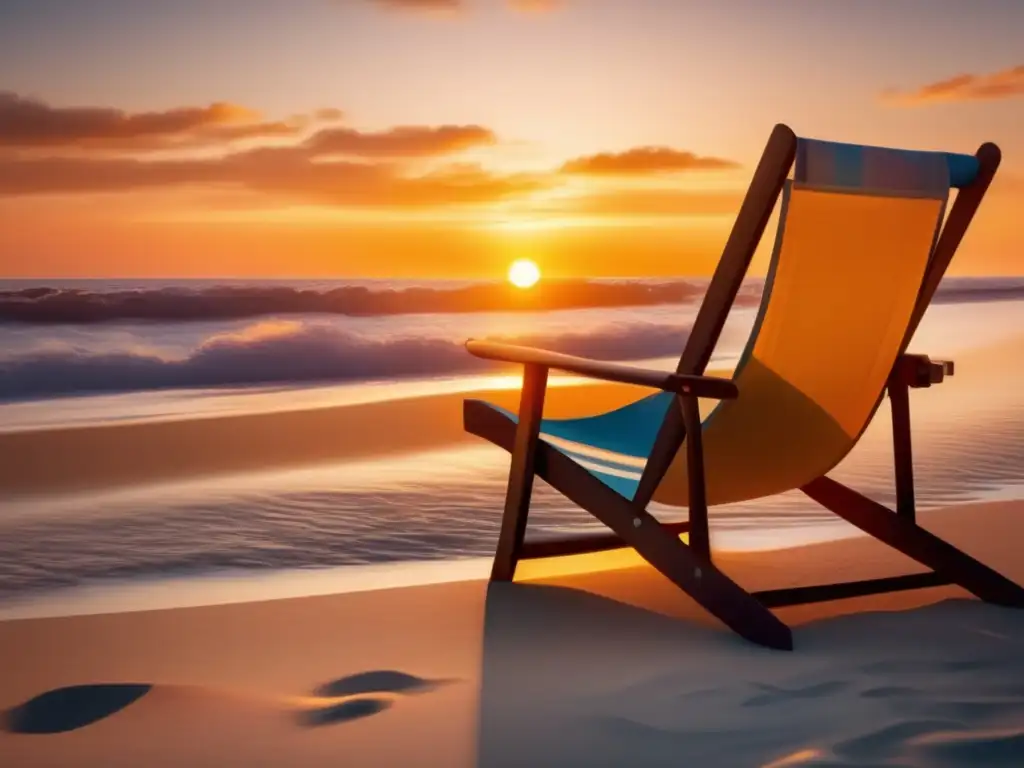 Atardecer en la playa: tranquilidad y relajación Cuidados posteriores viaje médico: Serenidad y calma en una playa al atardecer, con luz cálida y una silla de playa invitando a relajarse
