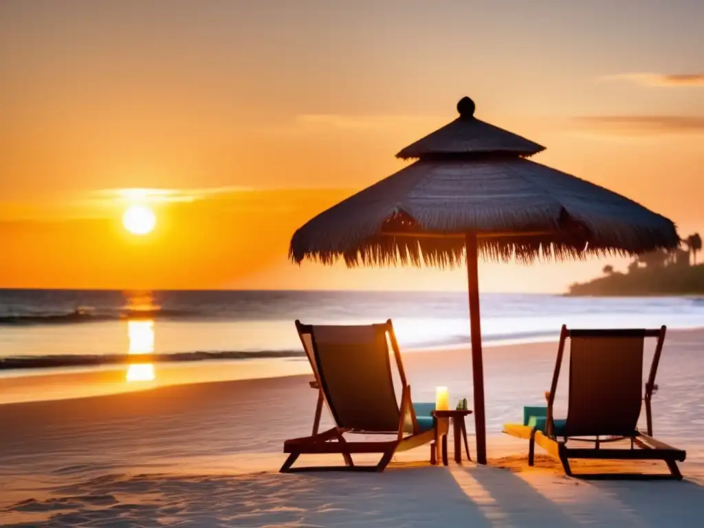 Playa tranquila al atardecer Consejos Ahorro Vacaciones Senior en playa al atardecer, con sol dorado, aguas tranquilas y brisa suave en palmeras