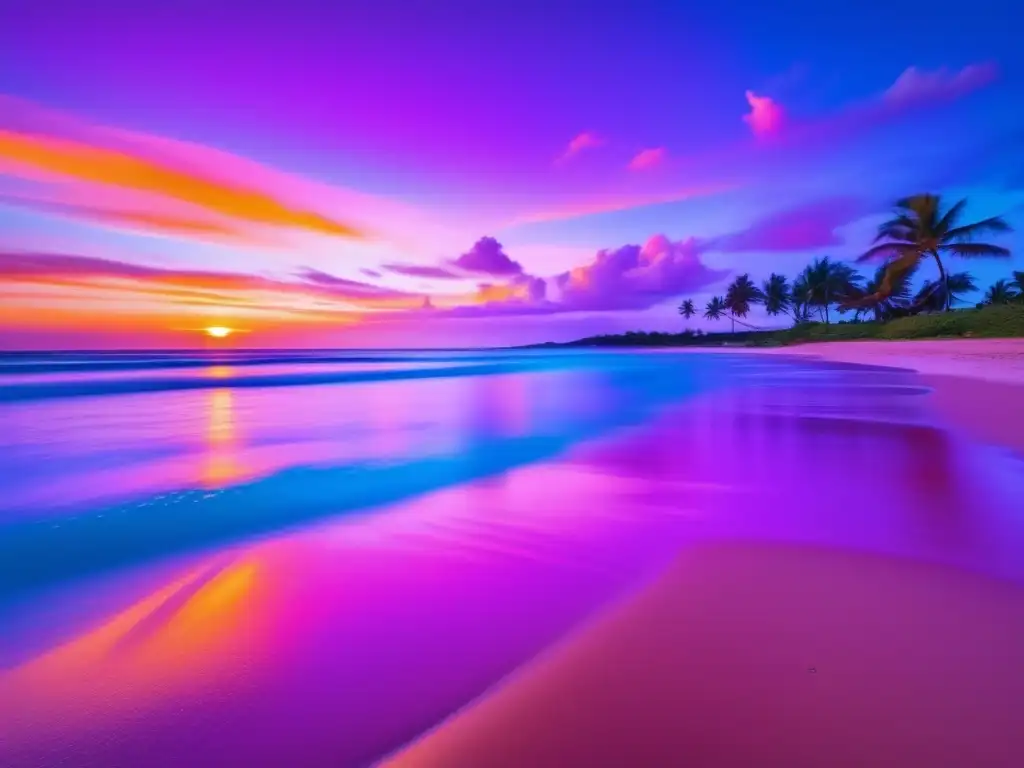 Playa al atardecer: relajación y adaptación Consejos evitar jet lag en viajes: playa serena al atardecer, colores vibrantes, palmeras, agua turquesa, viajero caminando, relajación y adaptación