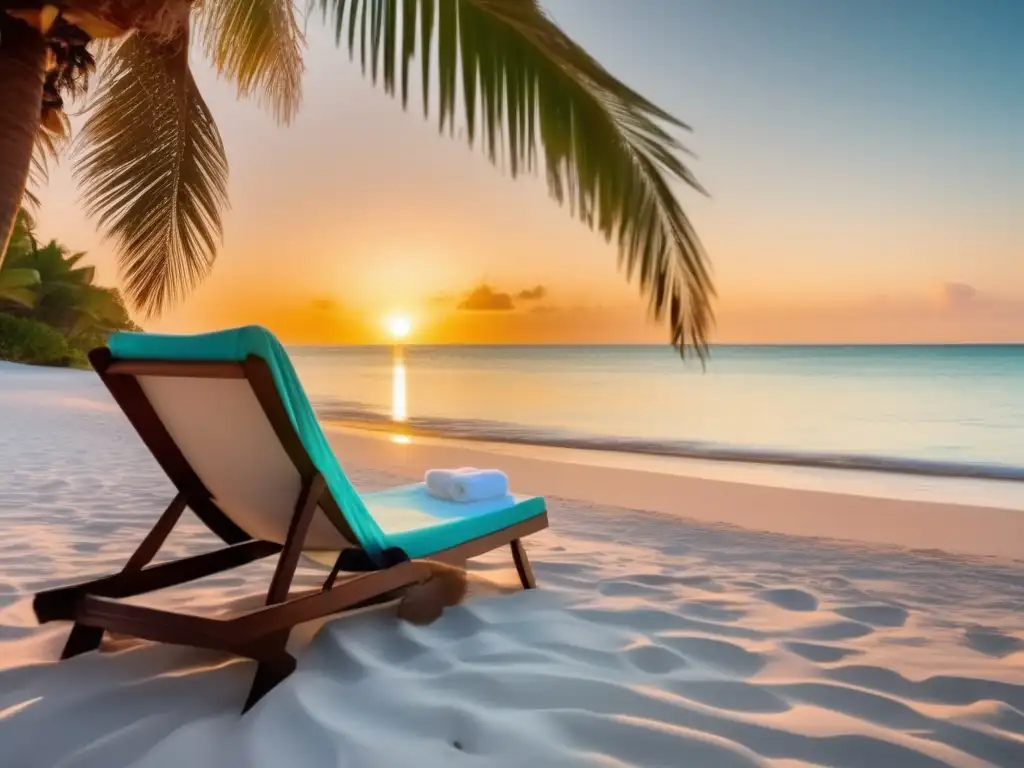 Playa tranquila al atardecer Ejercicios de relajación para viajeros senior en una playa serena al atardecer, con luz dorada y palmeras