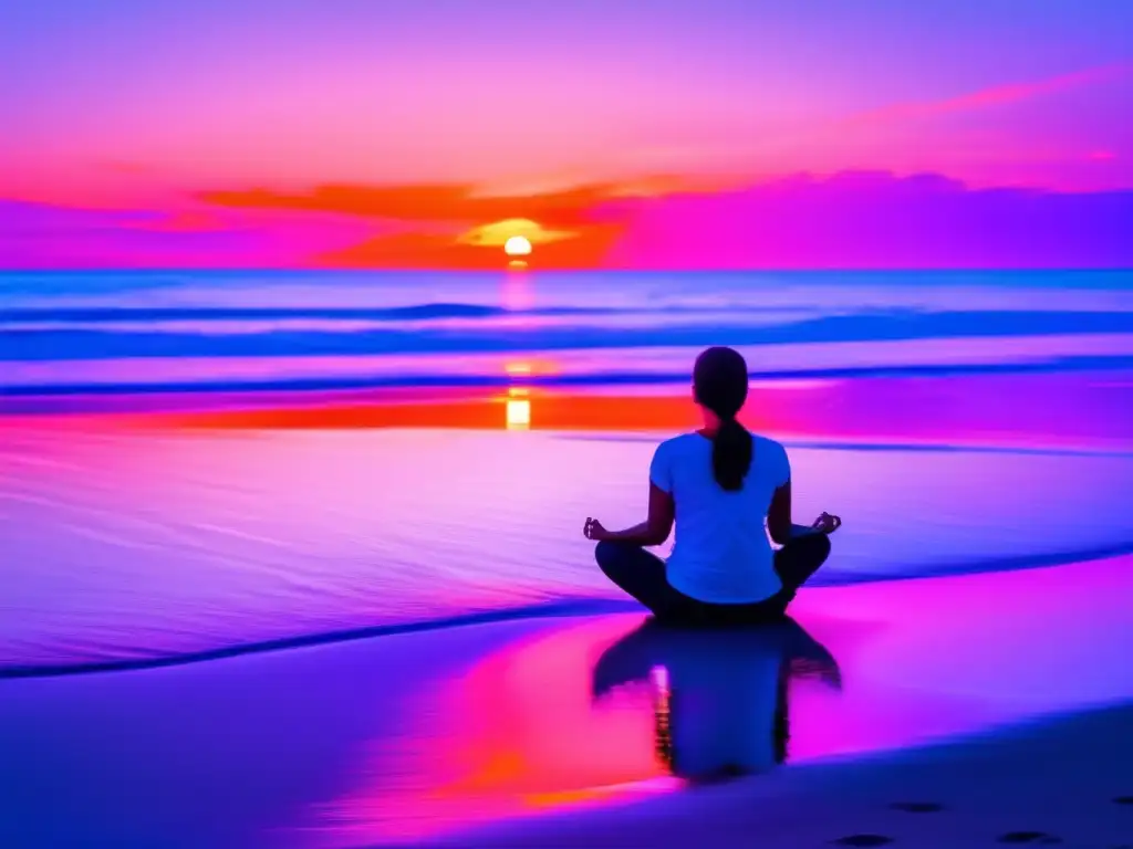 Playa tranquila al atardecer, meditación y relajación Playa al atardecer: ejercicios de respiración para viajeros maduros