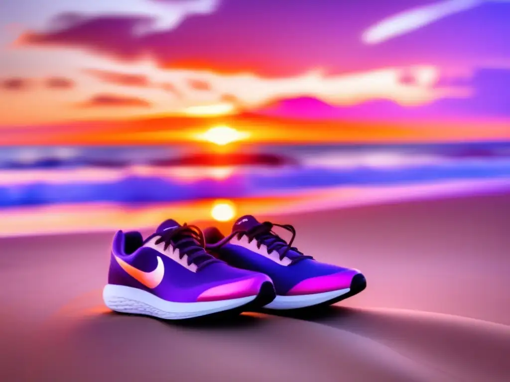 Playa tranquila al atardecer con zapatos para correr Consejos saludables para viajeros seniors en una playa serena al atardecer con olas suaves