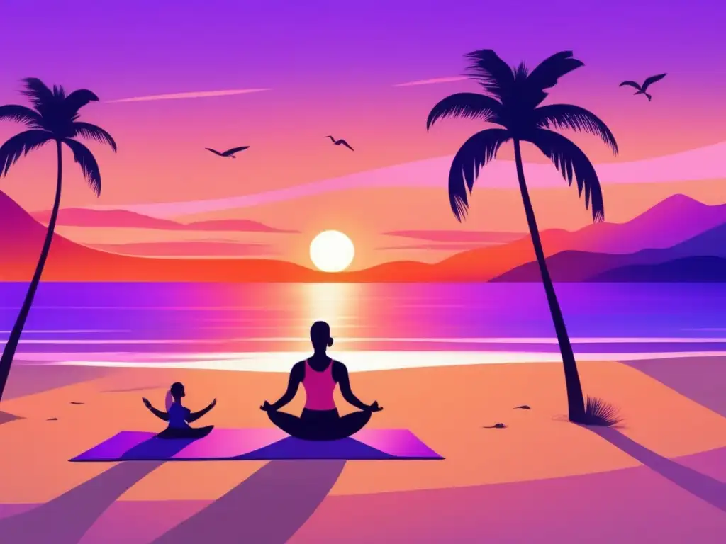 Pareja de ancianos haciendo ejercicio en la playa al atardecer Viaje saludable para seniors en la playa al atardecer con ejercicios