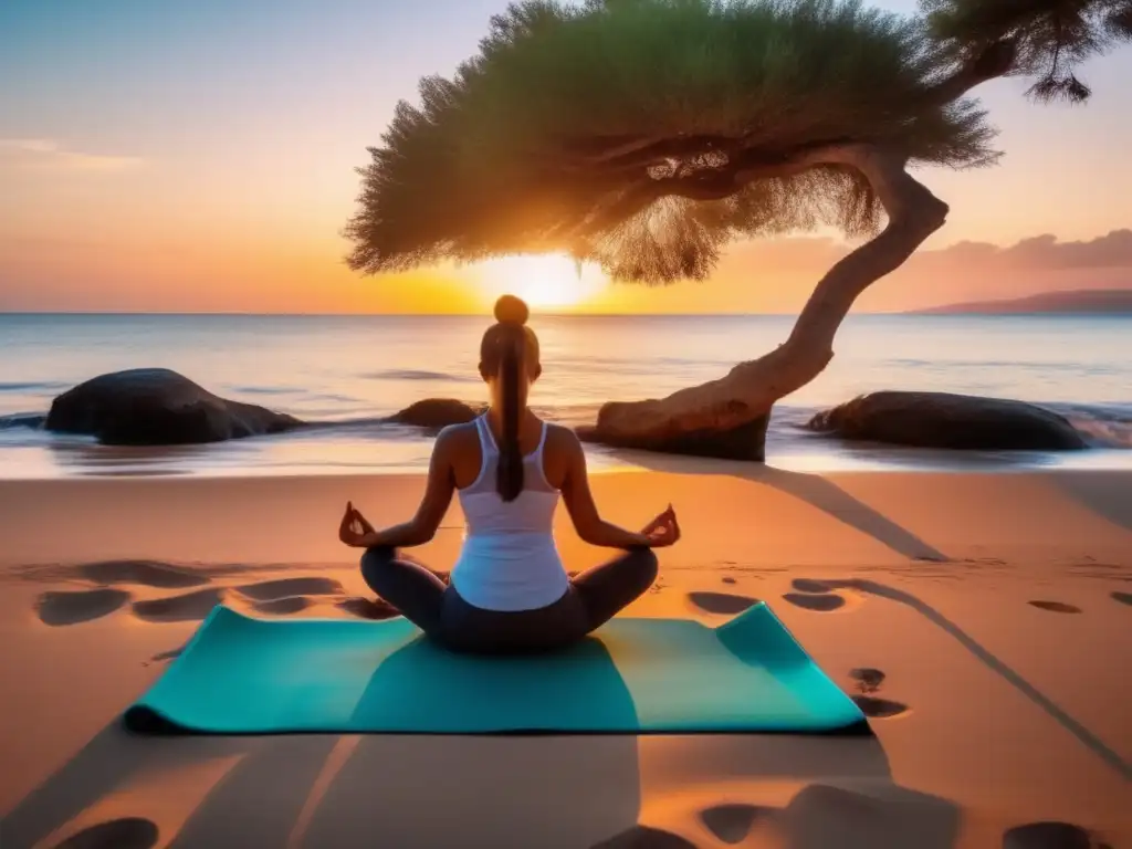 Rutinas de ejercicio para viajeros maduros en una playa serena al atardecer, con una persona realizando yoga