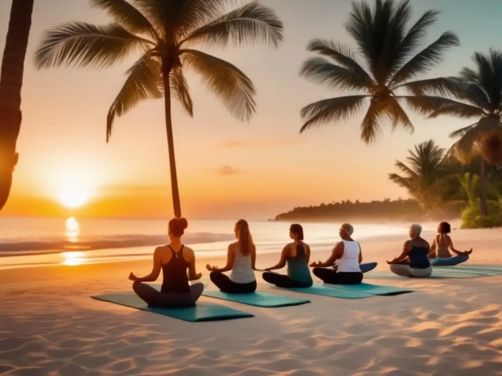 Playa tranquila con yoga rejuvenecedor Viajes de yoga para mayores en destinos tranquilos y seguros en una playa serena al atardecer