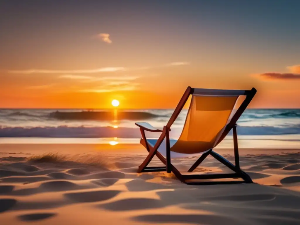 Playa serena al atardecer Beneficios respiración profunda en viajes: Playa serena al atardecer, agua tranquila, silla de playa cómoda