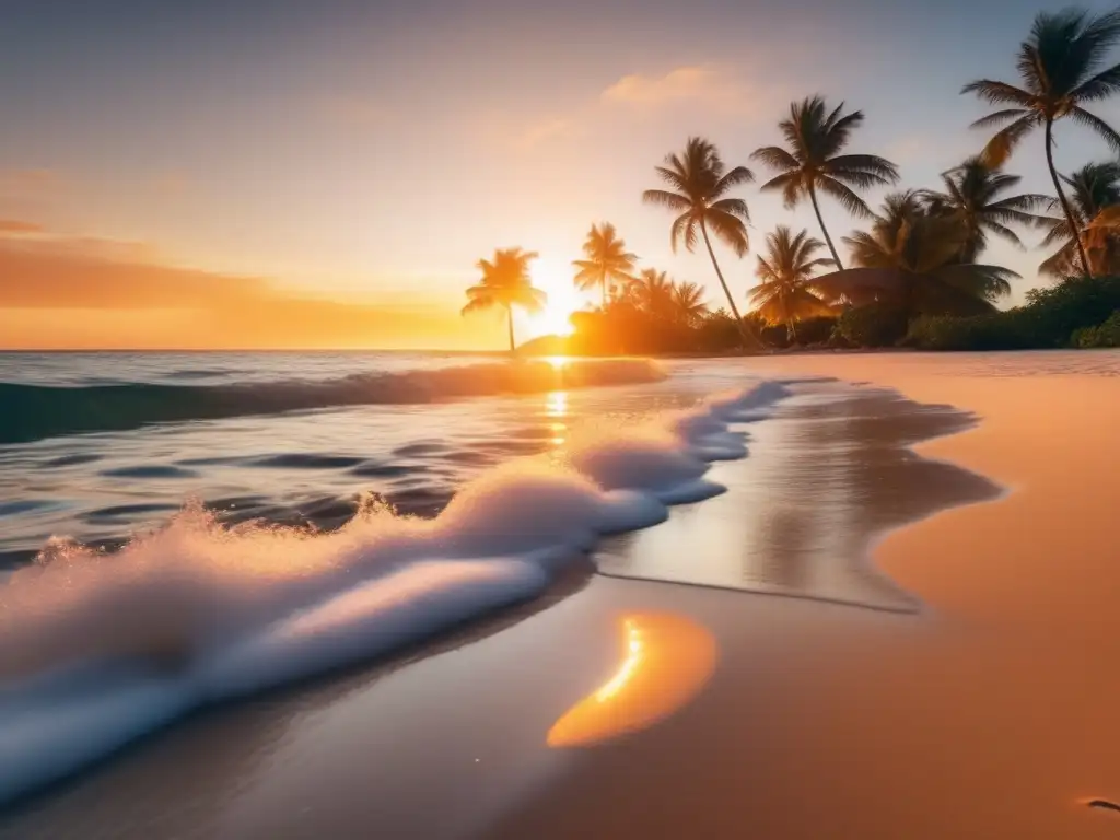 Paraíso tropical con resort de lujo Destinos retiros viajeros mayores: Hermosa playa al atardecer, con sol dorado, aguas cristalinas, palmeras y lujoso resort