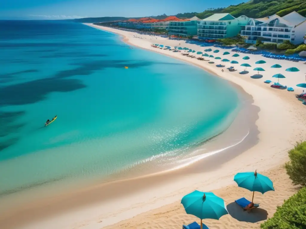 Playa serena y pintoresca con aguas turquesas y sombrillas coloridas Experiencias de viajes para adultos mayores en playa serena y tranquila