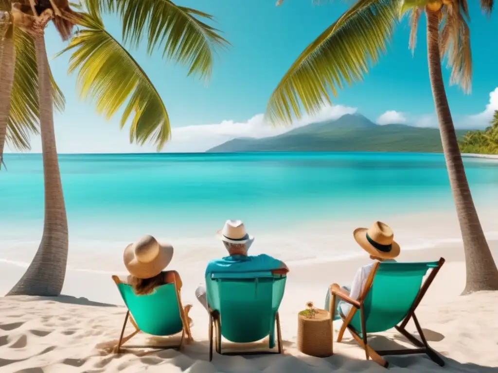 Viaje mental rejuvenecedor con adultos mayores Playa serena con palmeras, aguas turquesas, viajeros senior y actividades mentales enriquecedoras