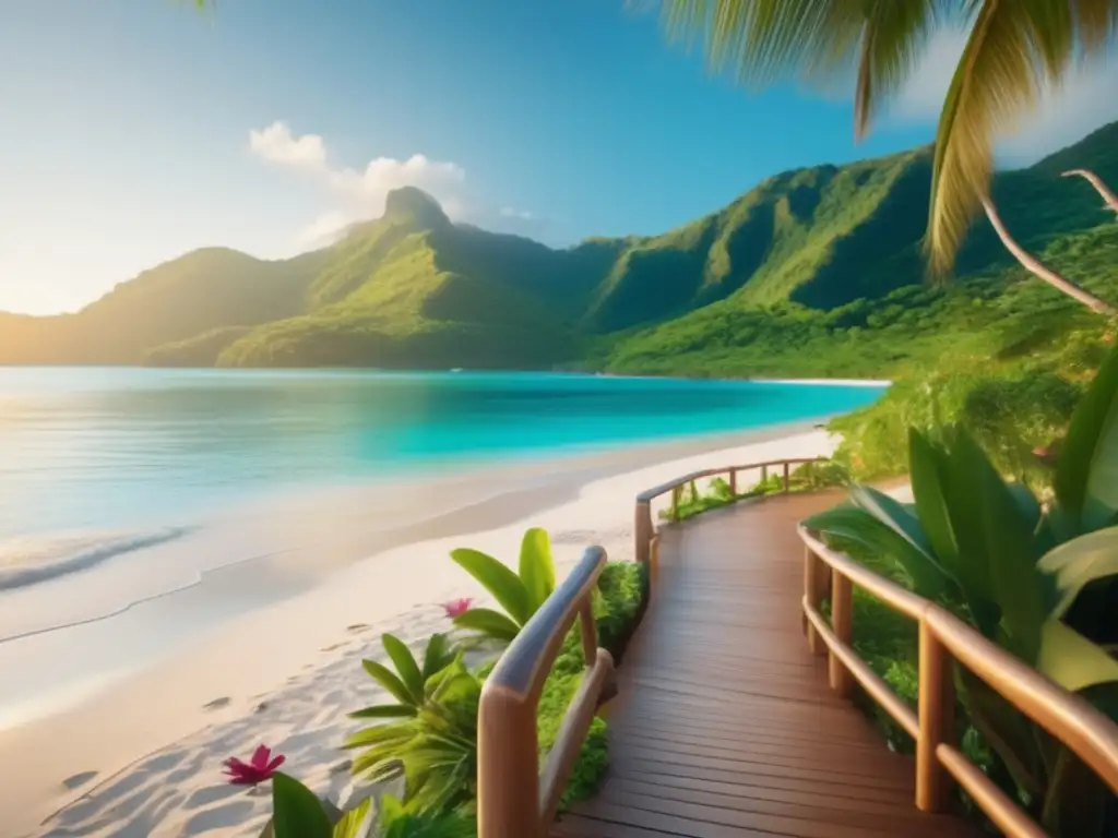 Paraíso sostenible para viajeros adultos Imagen de turismo sostenible para adultos mayores en una playa remota rodeada de montañas verdes y aguas turquesas cristalinas