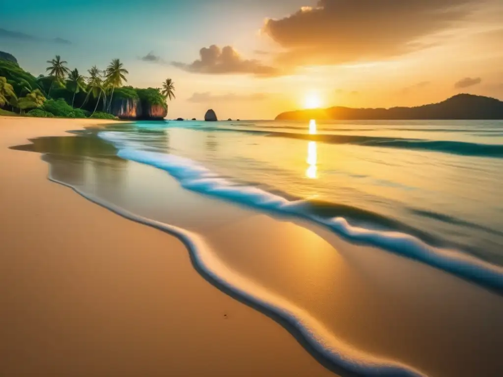 Hermoso atardecer en playa tailandesa Recomendaciones de seguridad para viajeros seniors en Asia: Hermosa playa tailandesa al atardecer, con aguas cristalinas y palmeras
