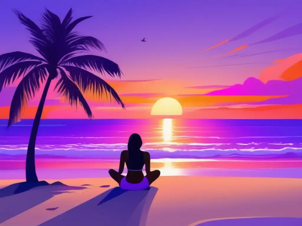 Playa tranquila al atardecer: relajación y serenidad Consejos sueño viajeros senior zonas horarias: Playa tranquila al atardecer, cielo pintado en tonos naranja, morado y rosa
