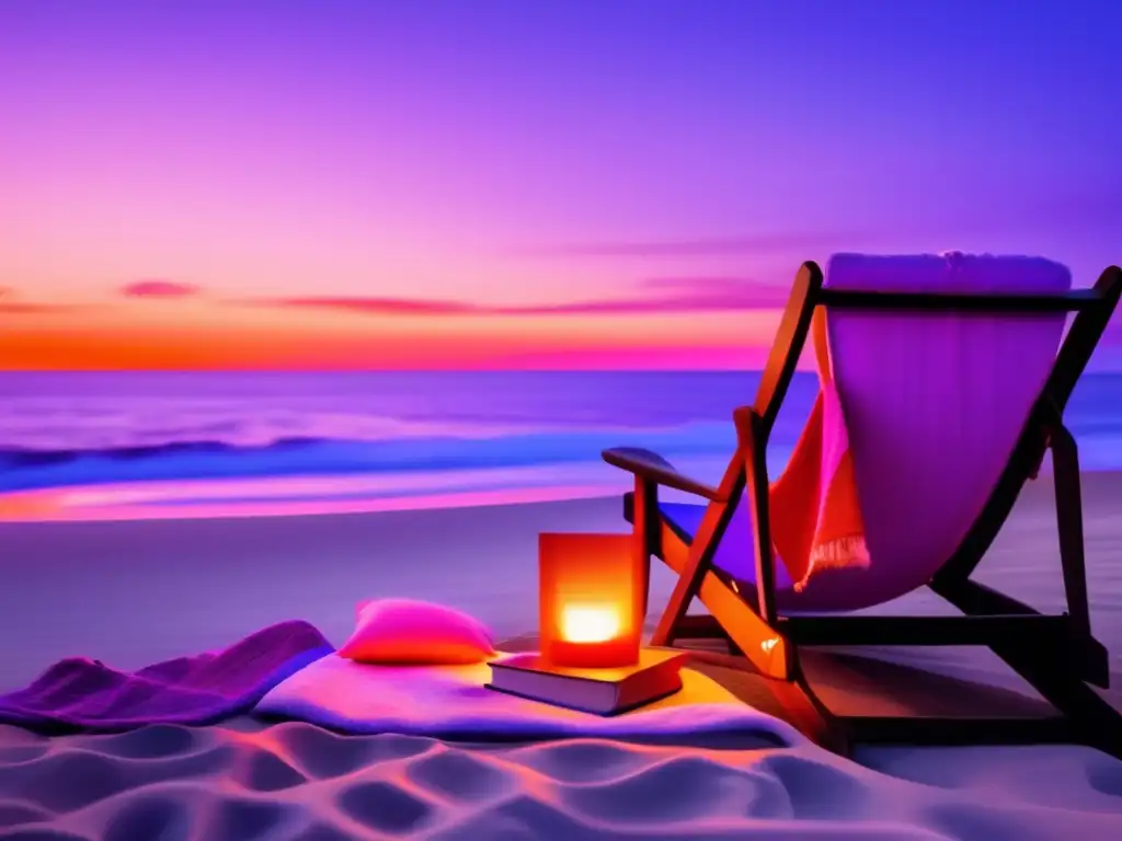 Playa serena al atardecer con silla de descanso Experiencia de viaje para adultos mayores en playa tranquila