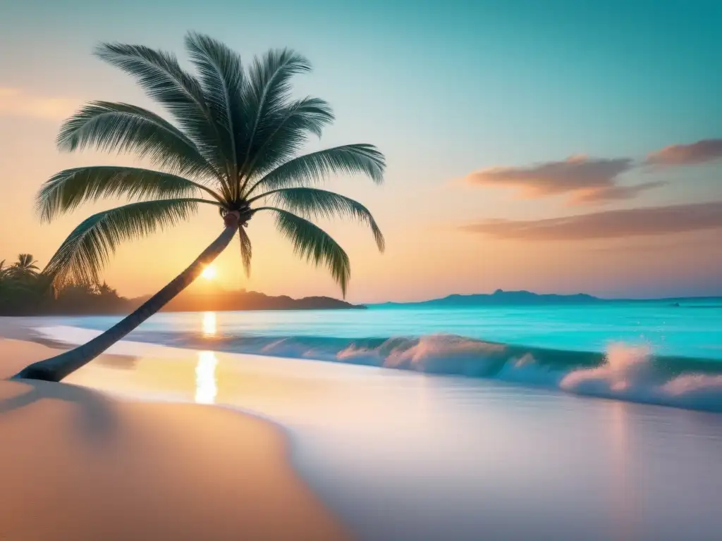 Playa serena al atardecer Playa tranquila al atardecer con agua turquesa y palmera: Manejo del estrés en viajes médicos