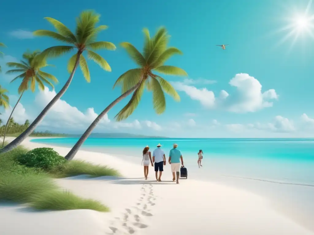 Consejos viaje seguro mayores: Playa serena con aguas turquesas y arena blanca, turistas maduros disfrutando de un paseo relajante