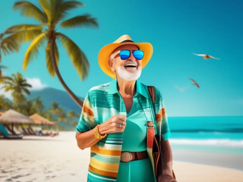 Alegre viajero senior en playa paradisíaca Viajero senior seguro disfruta playa turquesa