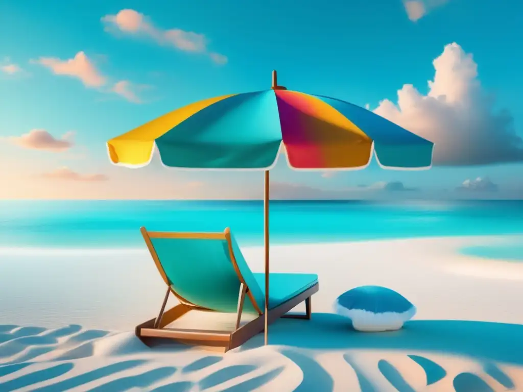 Playa serena y relajante con cuidado postoperatorio Experiencia turismo médico segura en una playa serena con aguas turquesa, cielo azul y silla de playa invitando a la relajación