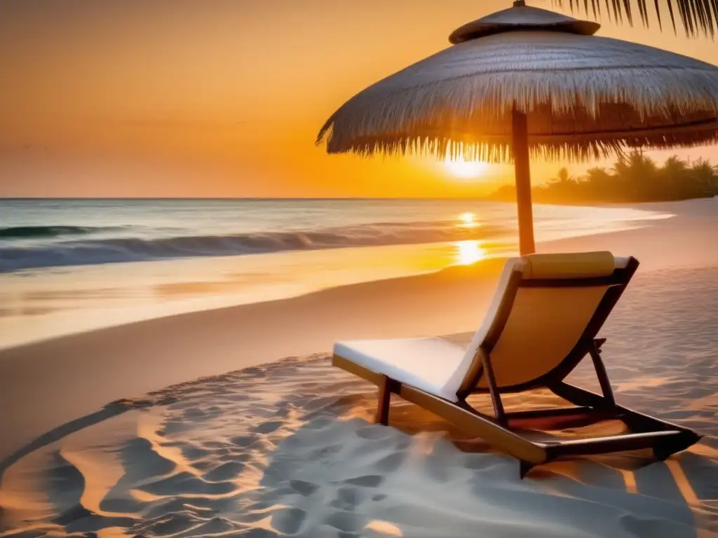 Playa al atardecer, relajación y descanso Playa tranquila al atardecer, invitando a viajeros senior a descansar y gestionar el sueño en distintas zonas horarias