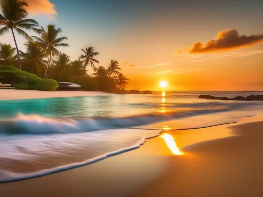 Playa tranquila al atardecer Playa serena al atardecer, aguas turquesas y palmeras: consejos para viajar ligero y ahorrar