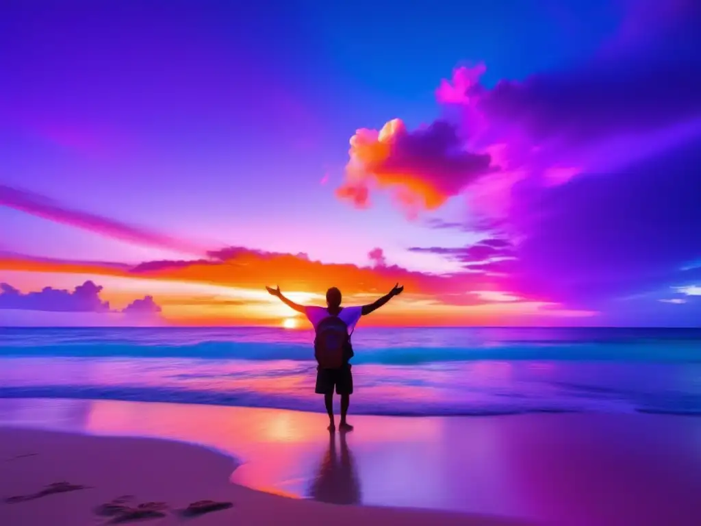 Viaje trascendental: playa tropical al atardecer Mentalidad positiva en los viajes: Impresionante imagen 8k que captura la esencia de una mente positiva en los viajes