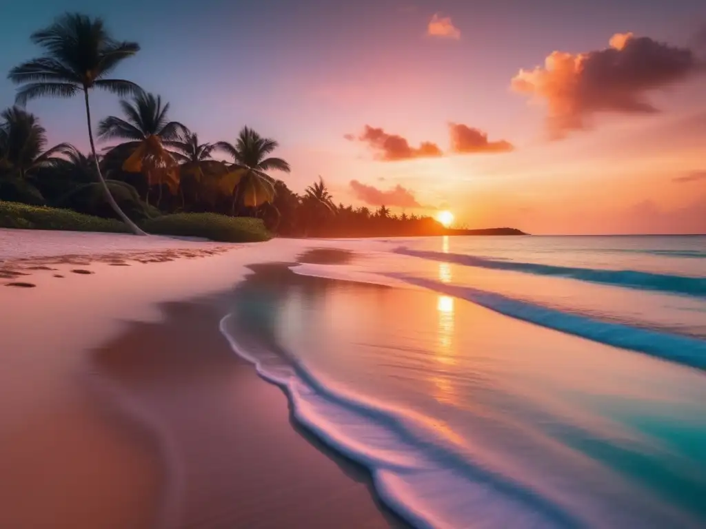 Hermosa playa tropical al atardecer Consejos para evitar el jet lag en viajes - Hermosa imagen 8k detallada de una playa tropical serena al atardecer, con cielo pintado en cálidos tonos dorados, naranjas y rosados