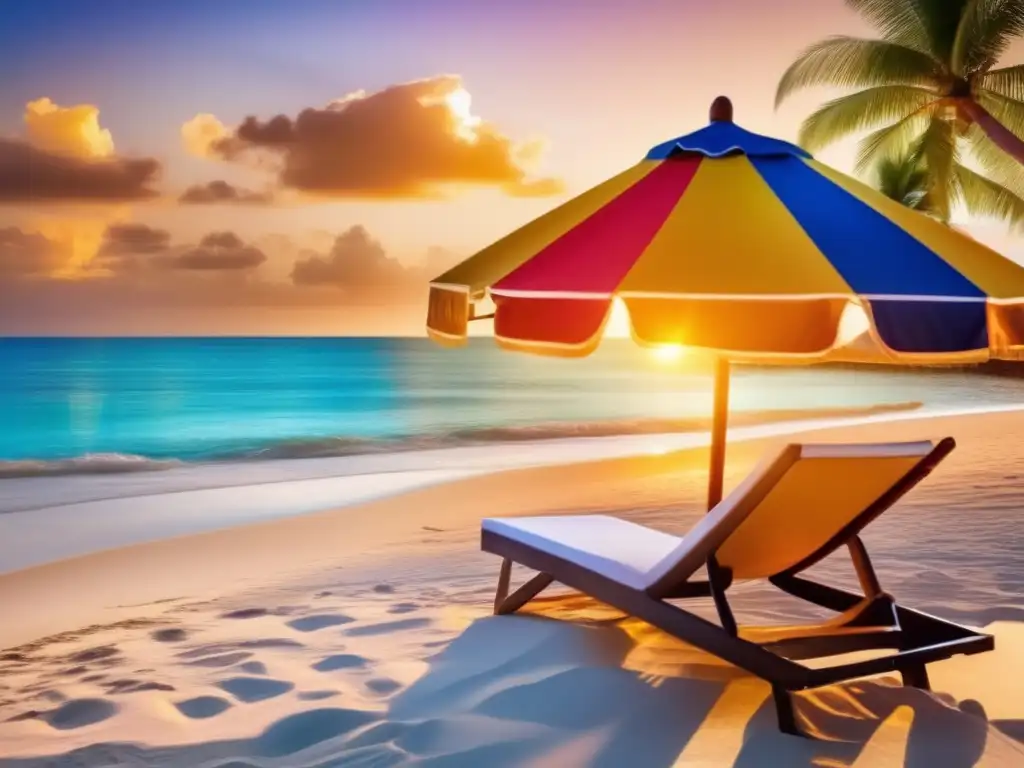 Hermosa playa al atardecer con palmeras y silla de playa colorida - Viajar después de cirugía: consejos seguros