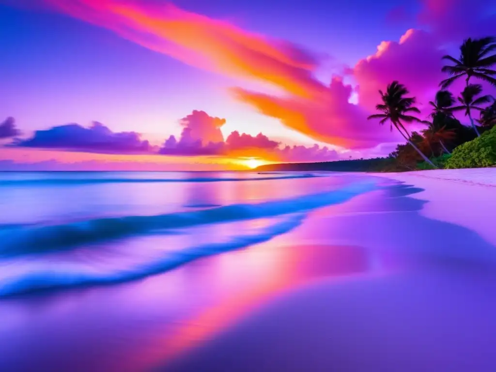 Un paraíso tropical al atardecer Consejos para viajeros maduros: Playa serena al atardecer, arena blanca, agua turquesa, palmeras y tranquilidad