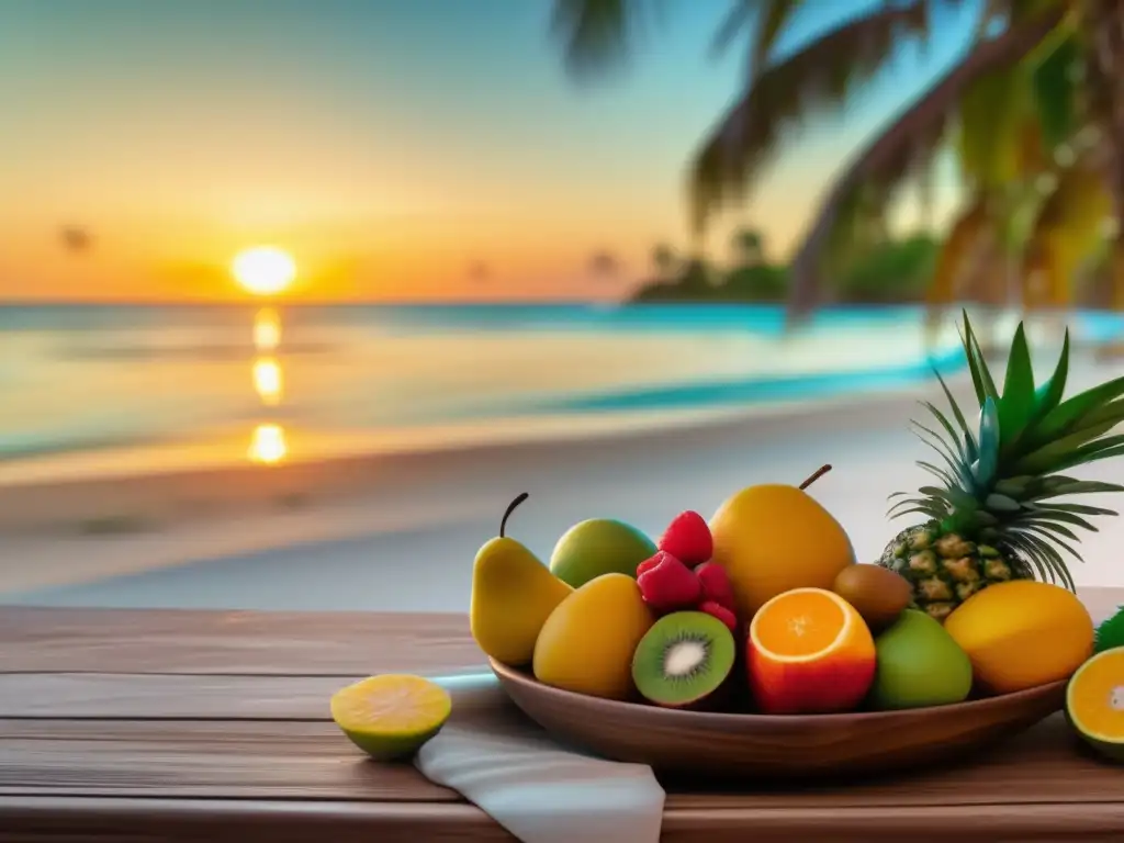 Hermosa playa tropical al atardecer con ensalada de frutas saludable Consejos alimentación saludable viajes senior - Playa tropical al atardecer con fruta fresca