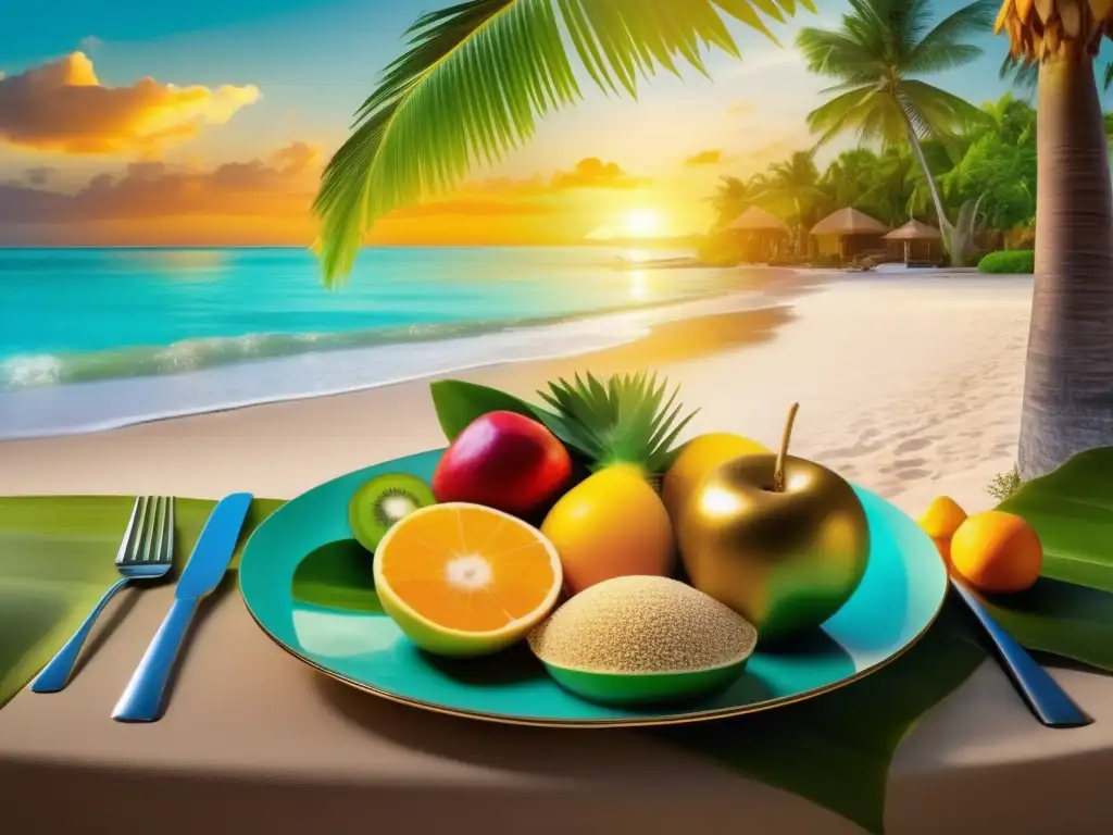 Paraíso tropical al atardecer con comida saludable Dieta saludable en viaje médico: Playa tropical al atardecer con frutas y verduras vibrantes