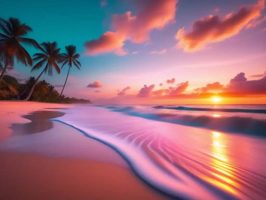 Playa tropical al atardecer: relajación y aventura Consejos para viajar con medicación crónica: playa tropical al atardecer con sol dorado, palmeras y persona caminando
