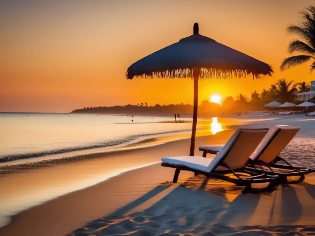 Playa tropical al atardecer Destinos naturales tranquilos para viajeros maduros: playa serena al atardecer, aguas cristalinas, palmeras, relax y naturaleza