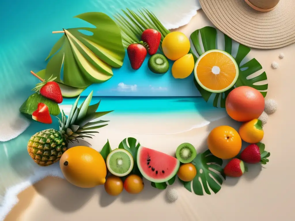 Frutas y verduras frescas en la playa Consejos viaje seguro y saludable, escena tropical playa con frutas y verduras coloridas en mesa de madera bajo sombrilla de paja